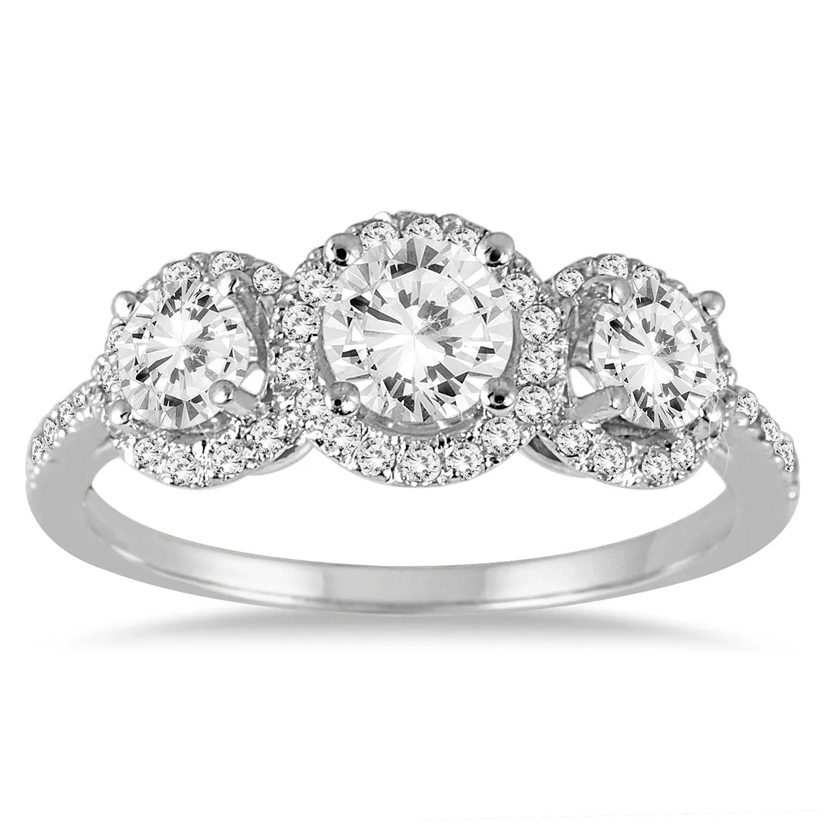 1 1/3 Carat TW Diamond Three Stone Halo Ring in 14K White Gold