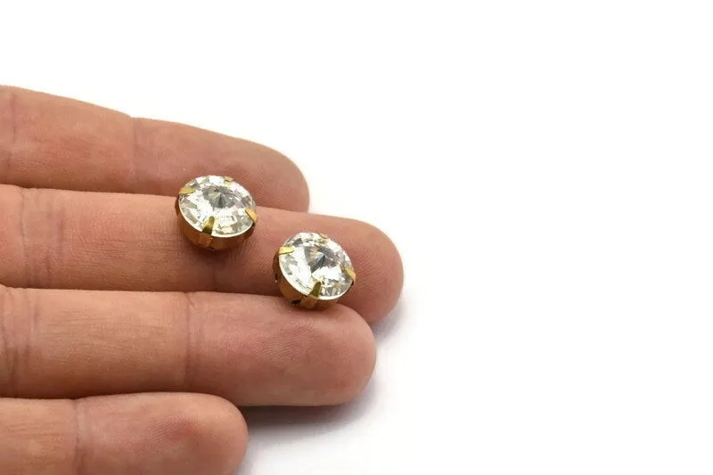 12 Raw Brass Clear Crystal Rivoli Sew On Rhinestone Prong Settings (4 Hole Sliders 12mm) Y378 Y232