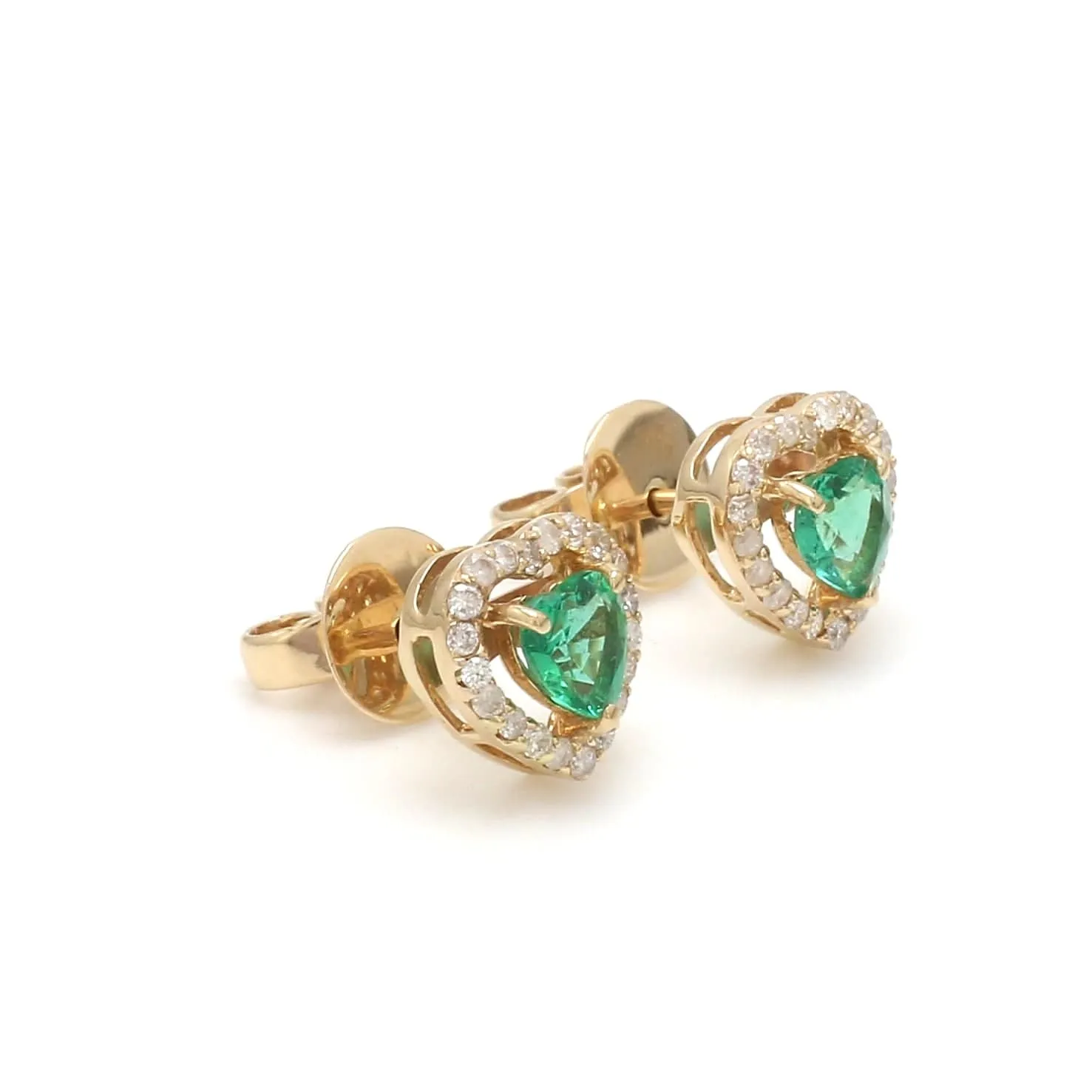 14K & 18K Gold Emerald Heart and Halo Diamond Stud Earrings