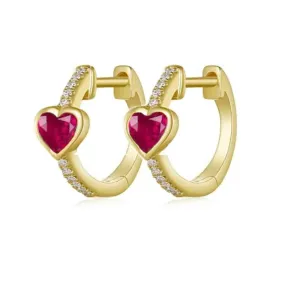 14K Gold and Diamond Ruby Heart Huggie Hoops Earrings