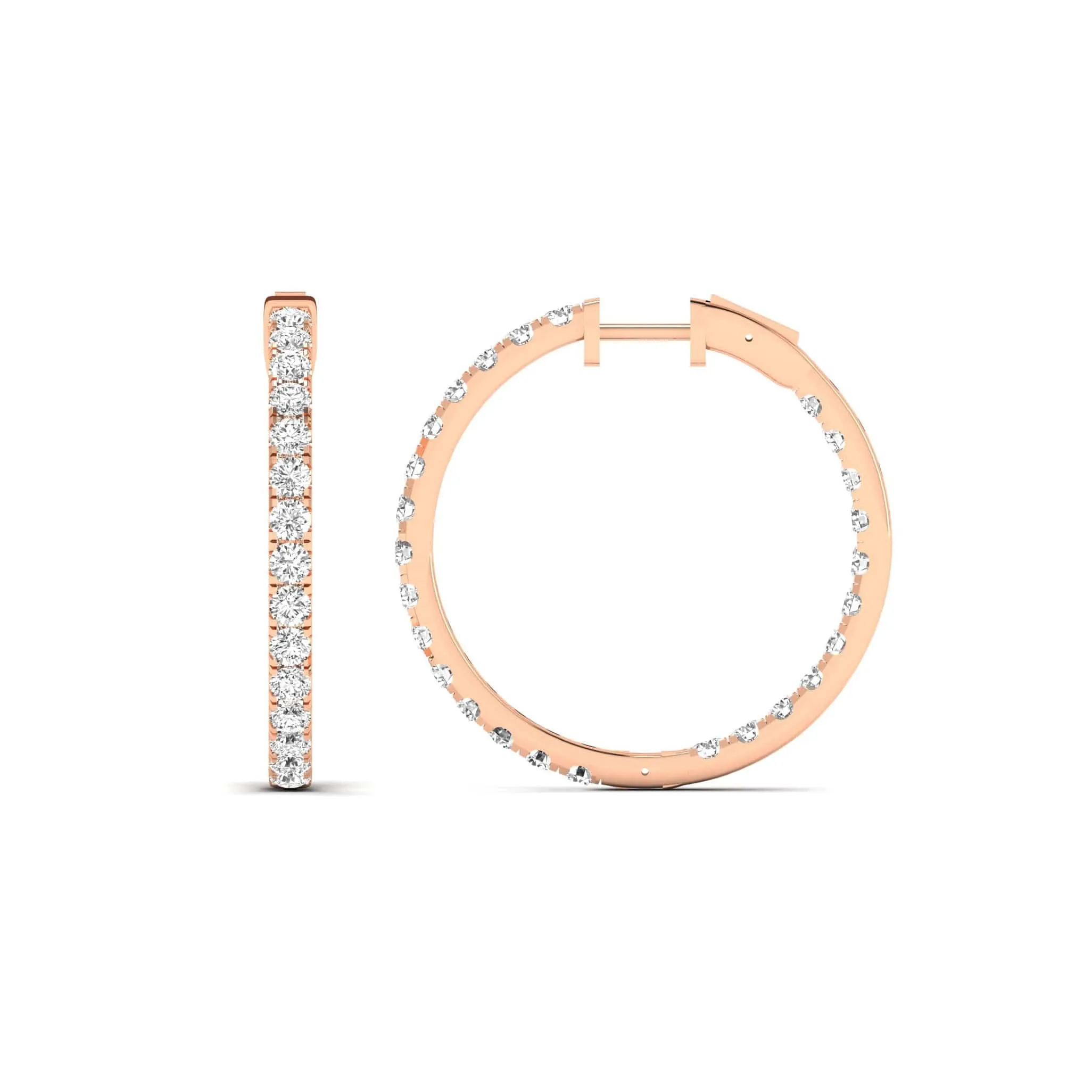 14K Gold Diamond Inside-Outside Hoop Earrings in three sizes, Lab Grown