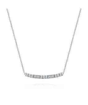 14K White Gold Round and Baguette Diamond Curved Bar Necklace