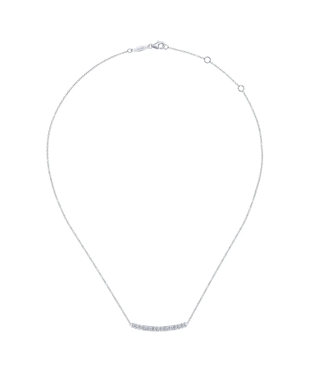 14K White Gold Round and Baguette Diamond Curved Bar Necklace