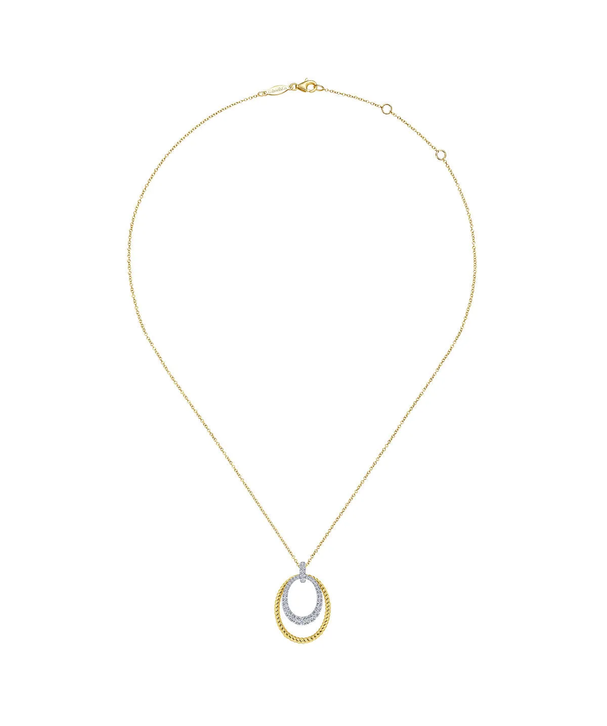 14K White-Yellow Gold Oval Twisted Rope and Pave Diamond Pendant Necklace