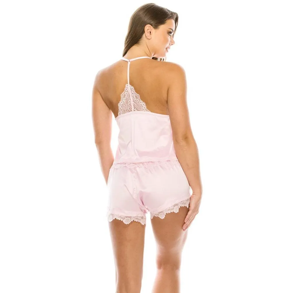 2 Piece Satin Lace Trimed Pj Short Set