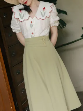 2PS Green Peter Pan Collar Lace Tulip Embroidered Shirt And Swing Skirt Dress Set