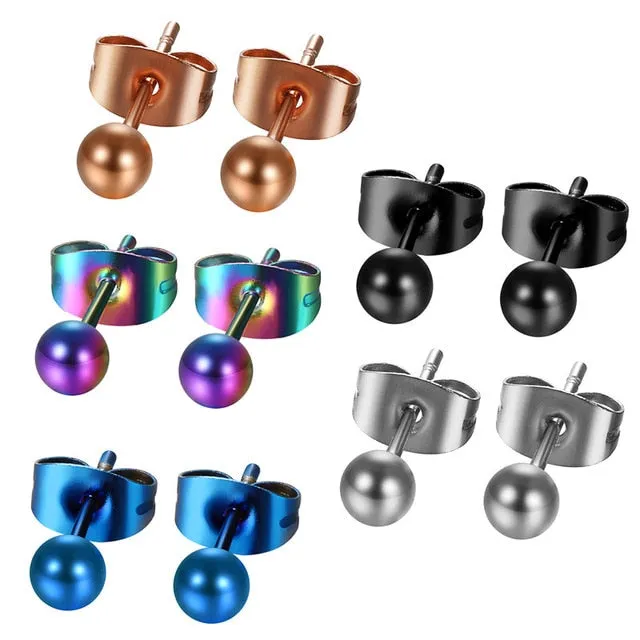 3-8mm 5 Pairs Colored Ball Stainless Steel Trendy Stud Earrings