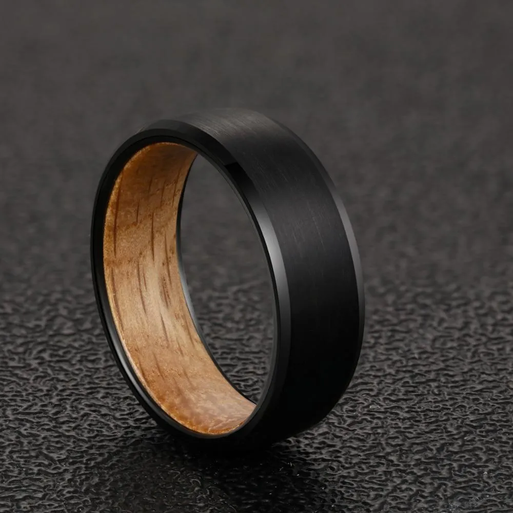 6/8mm Beveled Edges Tungsten with Whiskey Barrel Interior Comfort Fit Wedding Band