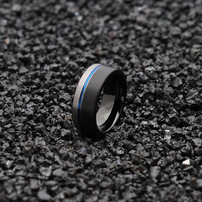 8mm Black, Silver and Blue Brushed Matte and Polished Tungsten Wedding Ring