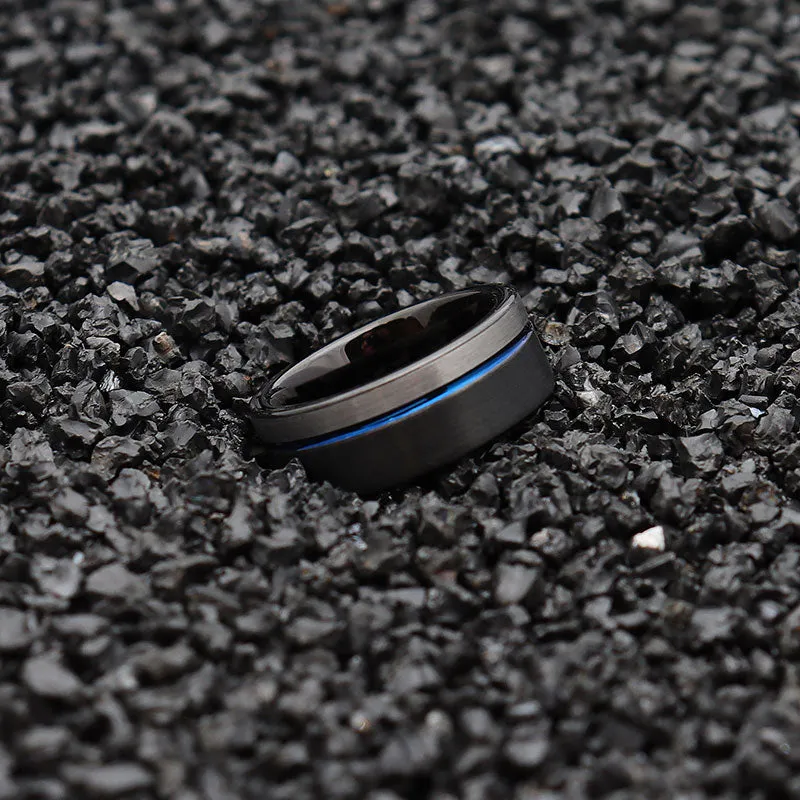 8mm Black, Silver and Blue Brushed Matte and Polished Tungsten Wedding Ring