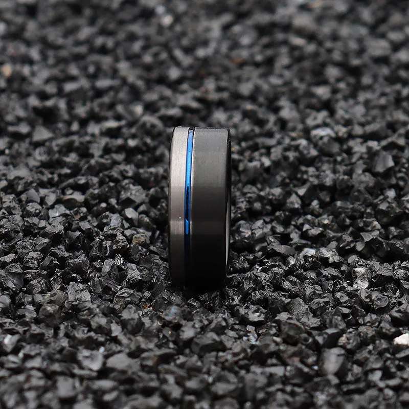 8mm Black, Silver and Blue Brushed Matte and Polished Tungsten Wedding Ring