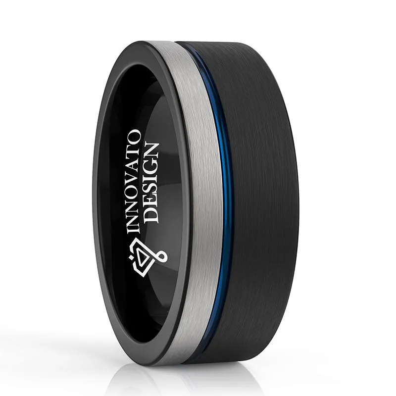 8mm Black, Silver and Blue Brushed Matte and Polished Tungsten Wedding Ring