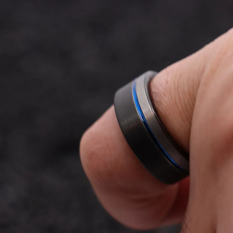 8mm Black, Silver and Blue Brushed Matte and Polished Tungsten Wedding Ring