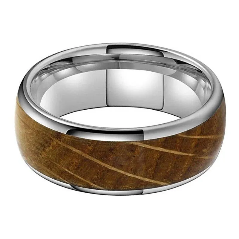 8mm Whiskey Barrel Oak Wood Inlay Dome Band Tungsten Wedding Ring