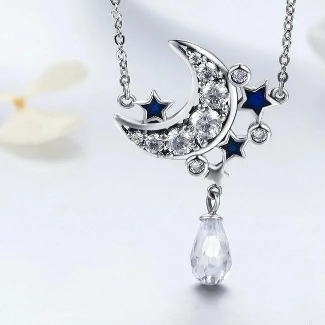 925 Sterling Silver Crystal Crescent Moon and Blue Star Pendant Necklace