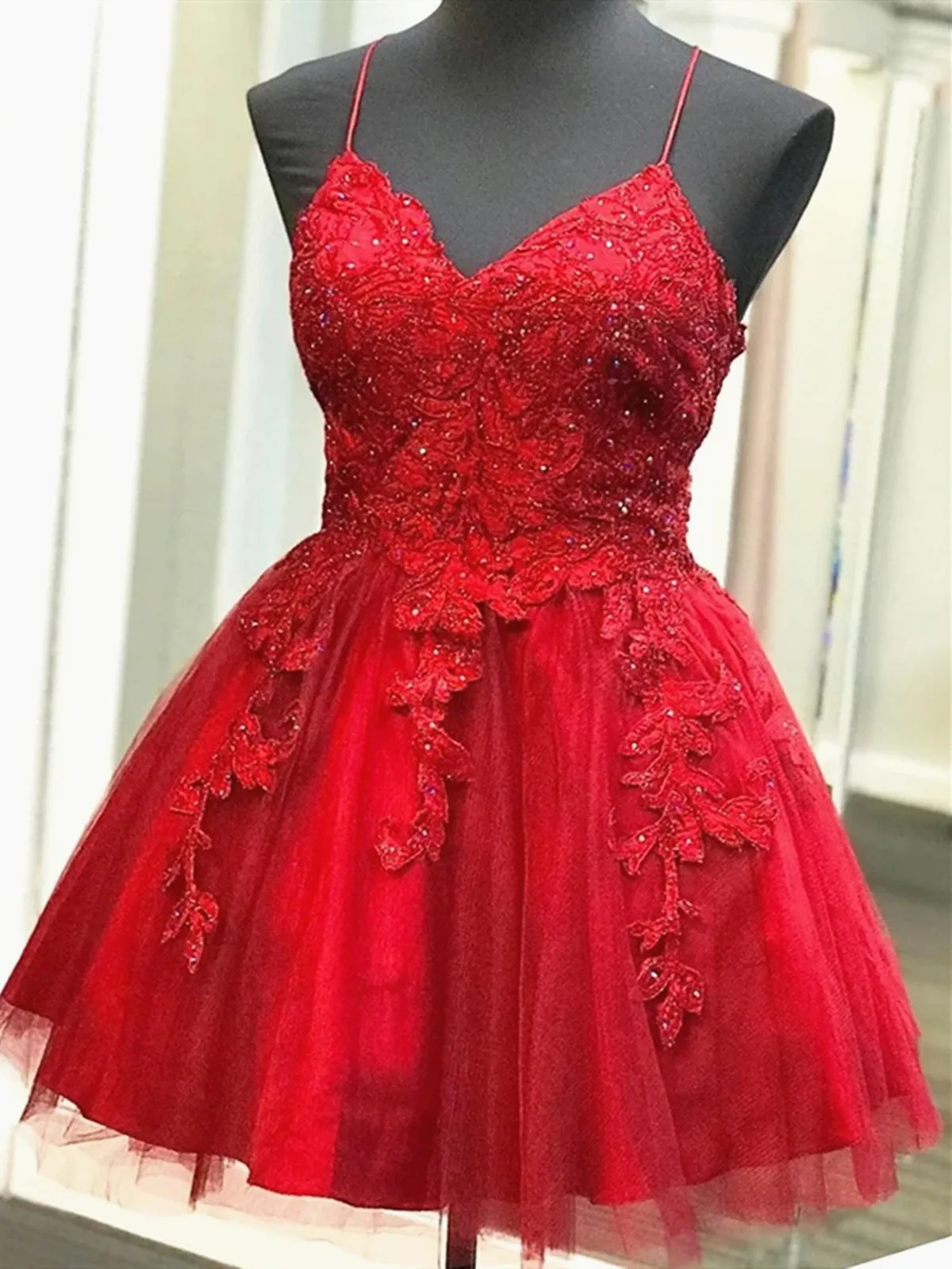 A Line V Neck Short Backless Red Lace Prom Dresses, Short Red Backless Lace Formal Homecoming Dresses