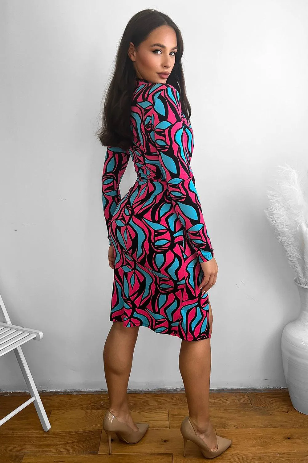 Abstract Multicolour Print High Neck Slinky Dress