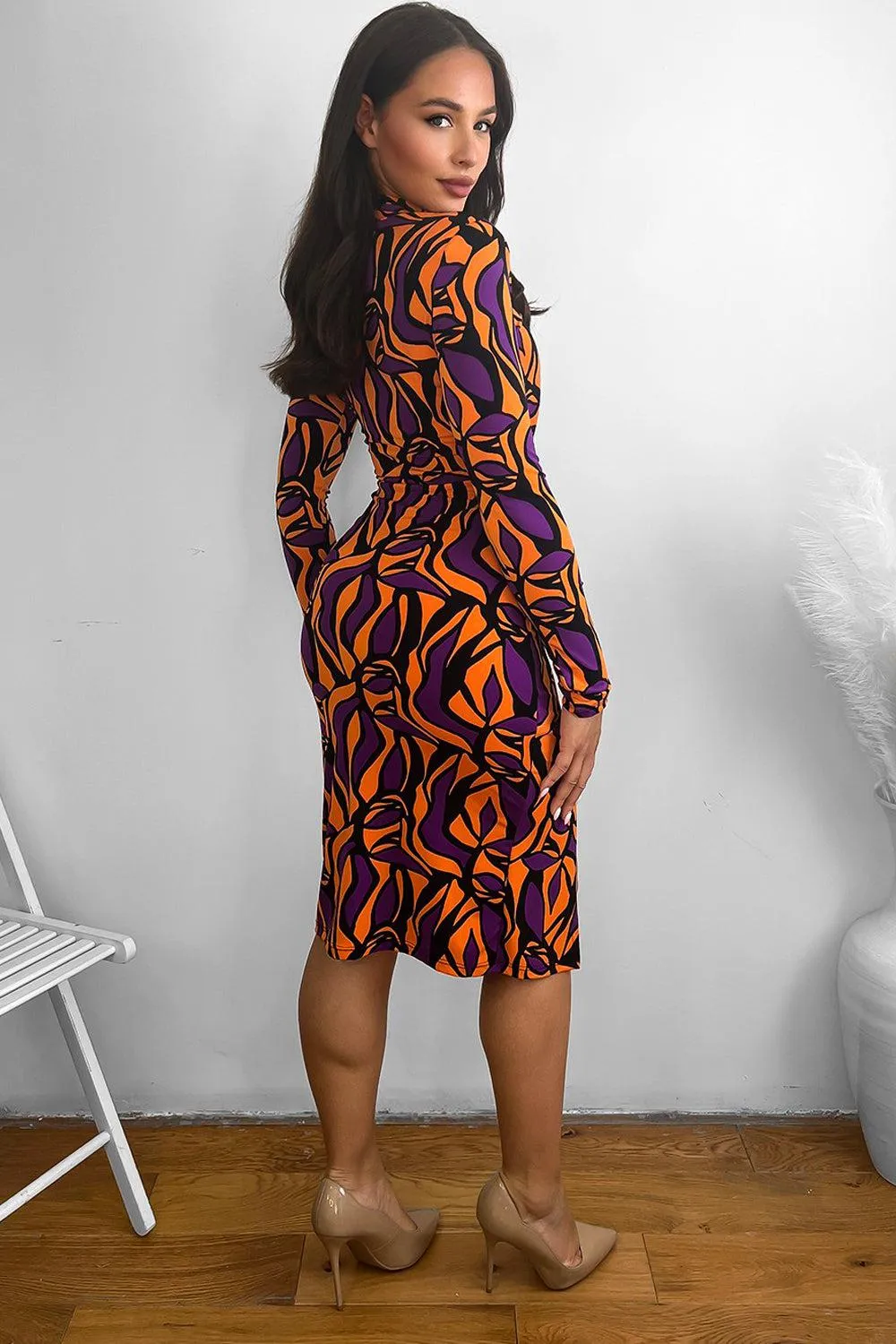 Abstract Multicolour Print High Neck Slinky Dress