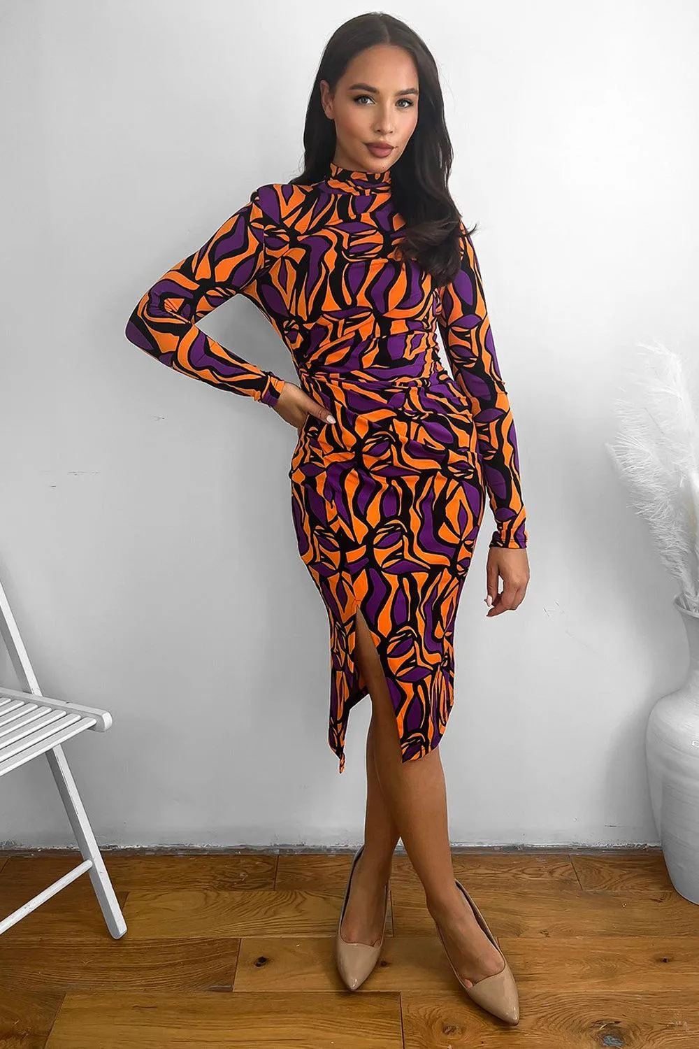 Abstract Multicolour Print High Neck Slinky Dress