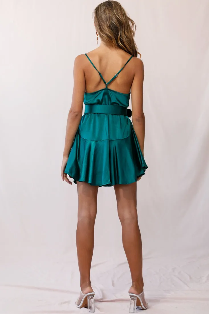 Agent 99 Belted Satin Cowl Neck Dress Forest Green