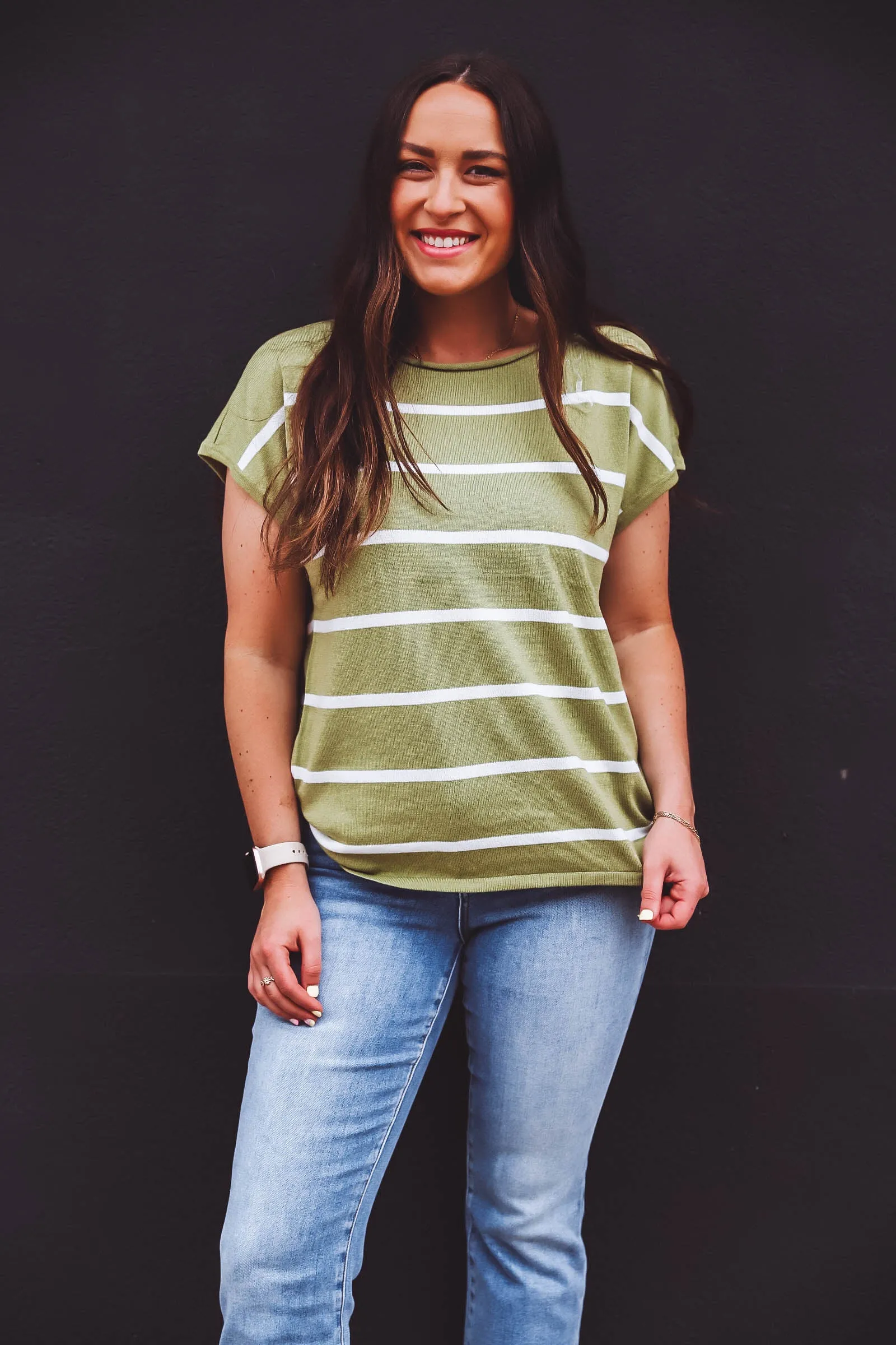 Alexa Striped Knit Top-Light Olive