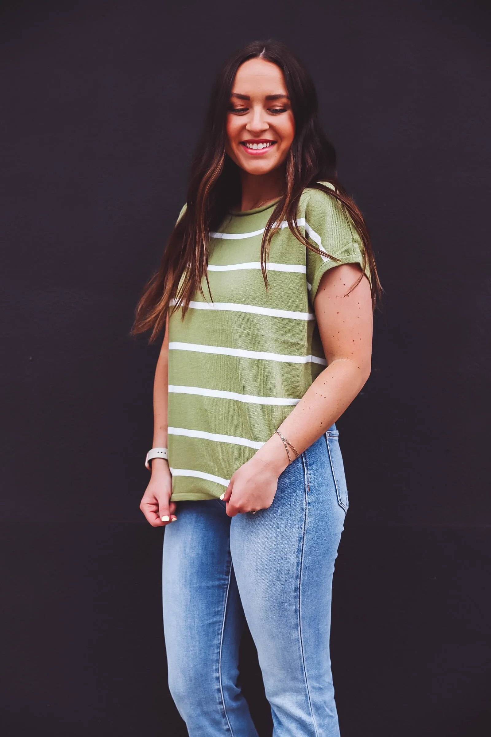 Alexa Striped Knit Top-Light Olive