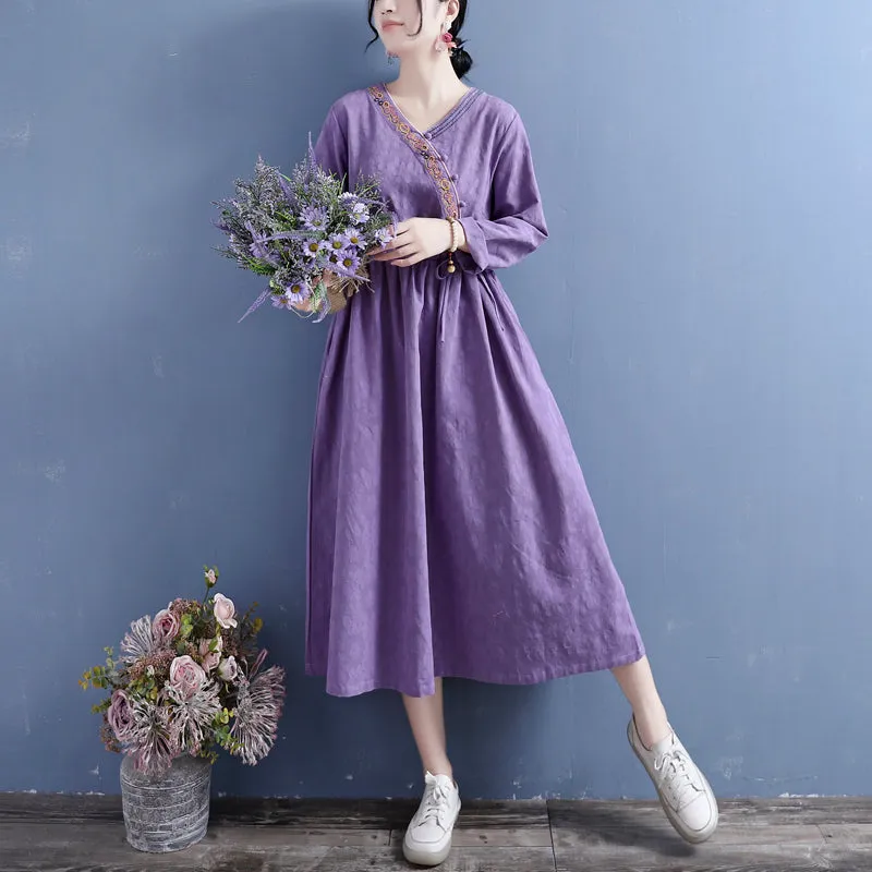 Autumn Cotton Linen Retro Embroidery V-Neck Dress