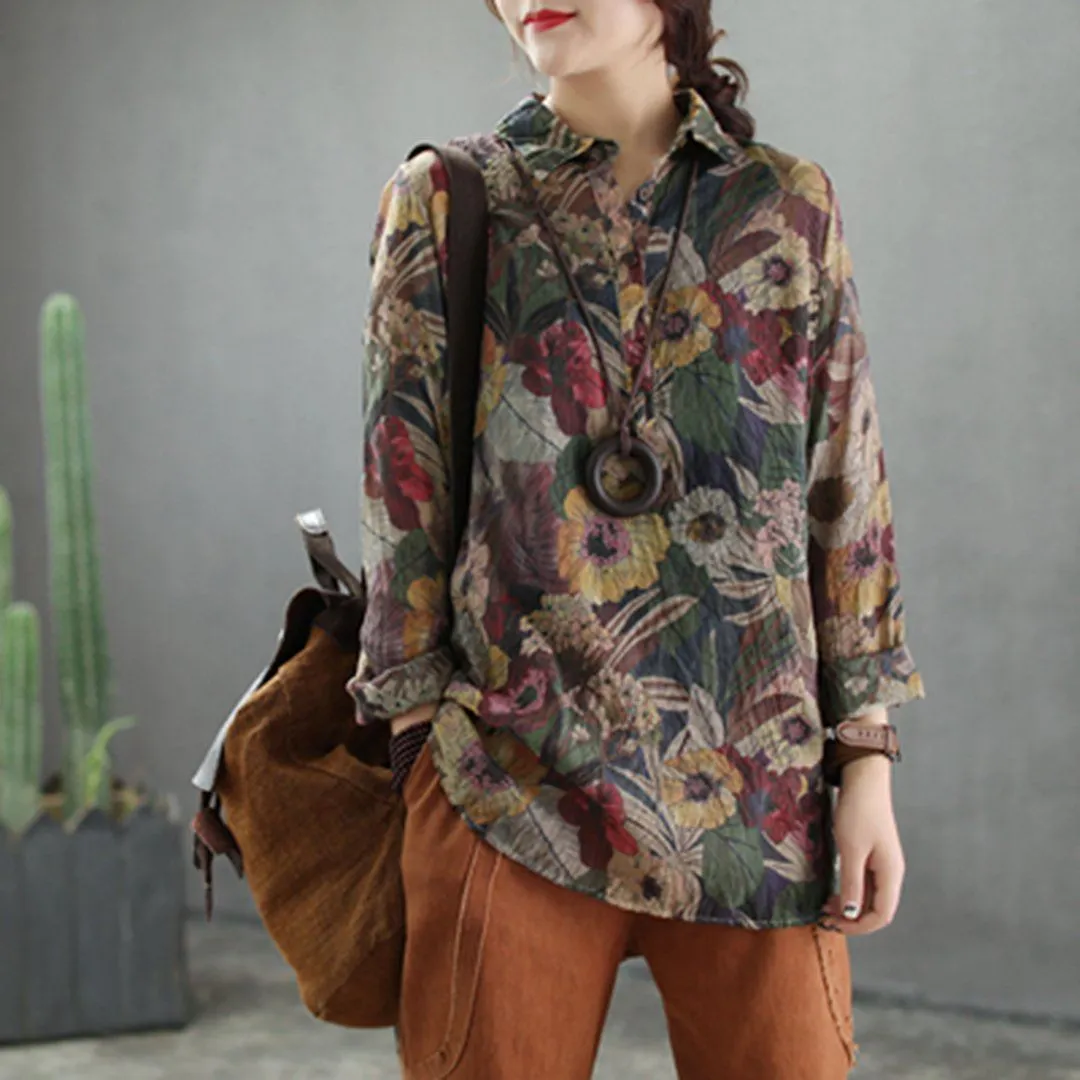 BABAKUD Flower Printed Casual Loose Linen Long Sleeve Shirt