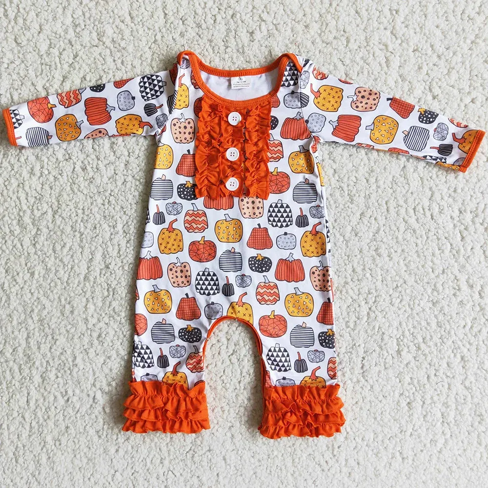 Baby Girls Autumn Ruffle Accent Romper Cheerful Pumpkin