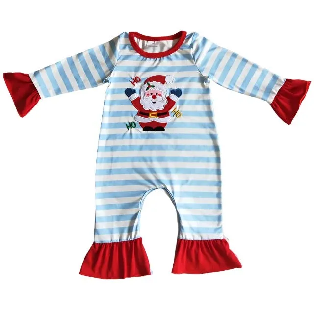 Baby Romper - Christmas - Santa Girls Blue Stripe Ruffle