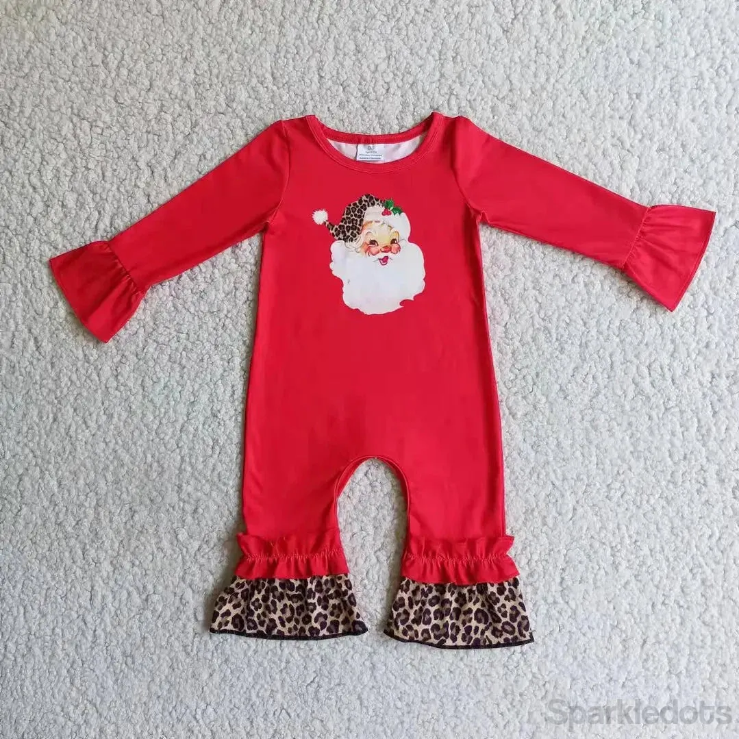 Baby Romper - Christmas - Santa Leopard Ruffle Girls Western