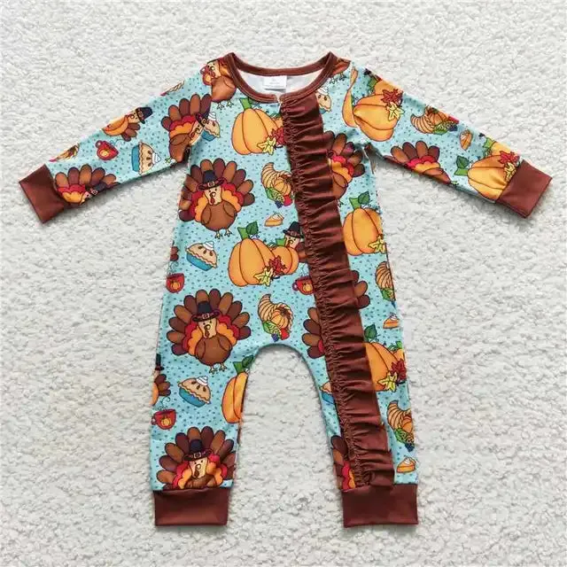 Baby Romper - Girls - Zip - Thanksgiving Turkey Pumpkin