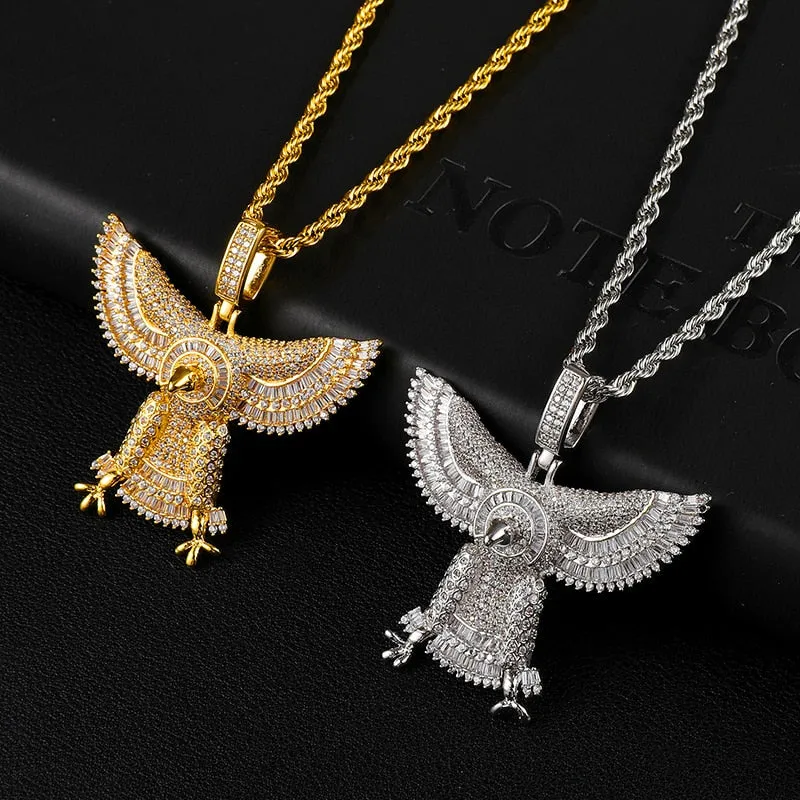 Baguette Cubic-Zirconia-Studded Eagle Bling Copper Hip-hop Pendant Necklace