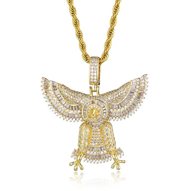 Baguette Cubic-Zirconia-Studded Eagle Bling Copper Hip-hop Pendant Necklace