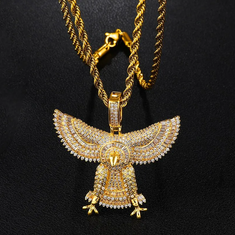 Baguette Cubic-Zirconia-Studded Eagle Bling Copper Hip-hop Pendant Necklace