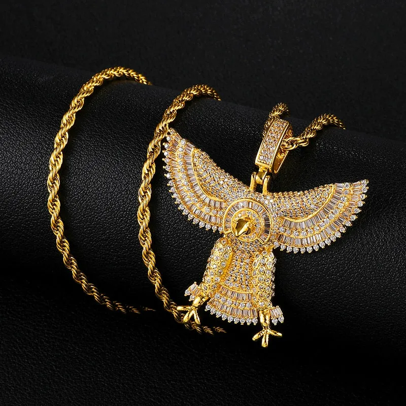 Baguette Cubic-Zirconia-Studded Eagle Bling Copper Hip-hop Pendant Necklace