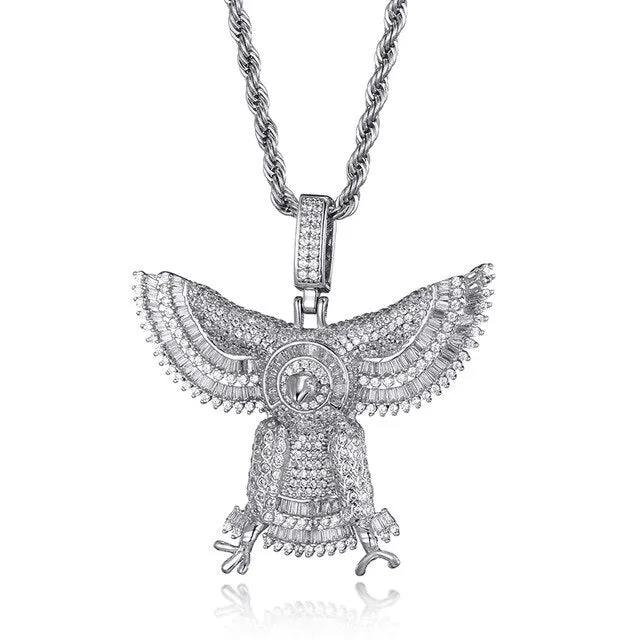 Baguette Cubic-Zirconia-Studded Eagle Bling Copper Hip-hop Pendant Necklace