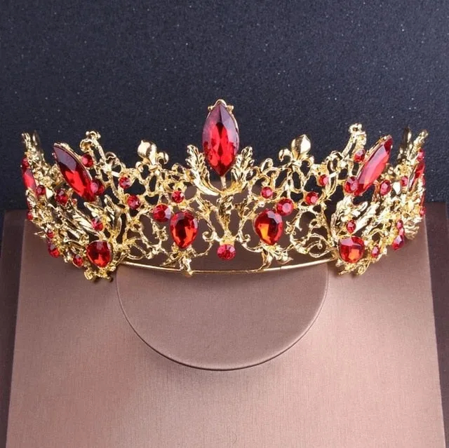 Baroque Vintage Gold Red Crystal and Rhinestone Tiara, Necklace & Earrings Wedding Jewelry Set