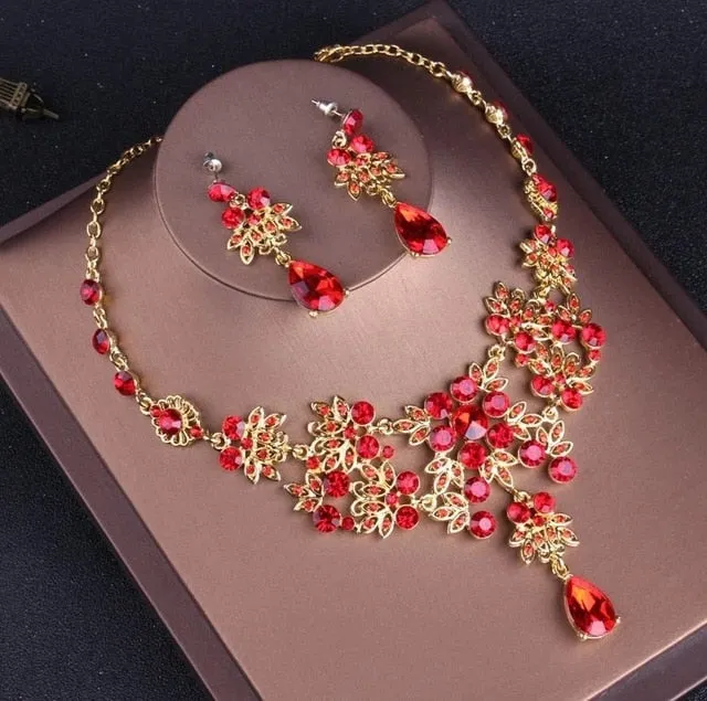 Baroque Vintage Gold Red Crystal and Rhinestone Tiara, Necklace & Earrings Wedding Jewelry Set