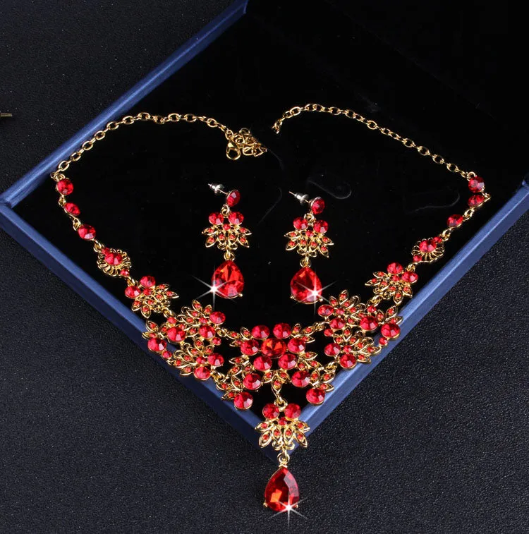 Baroque Vintage Gold Red Crystal and Rhinestone Tiara, Necklace & Earrings Wedding Jewelry Set