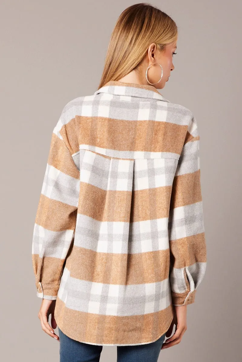 Beige Check Relaxed Shirt Long Sleeve