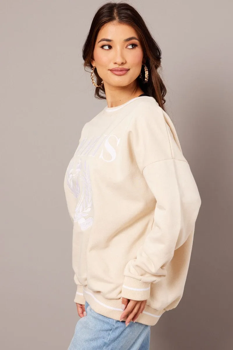 Beige Graphic Sweater Long Sleeve