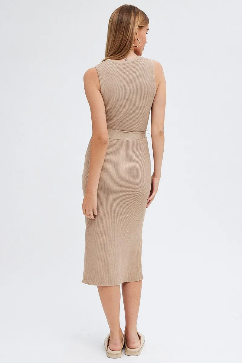 Beige Knit Dress Sleeveless Round Neck Belted Midi