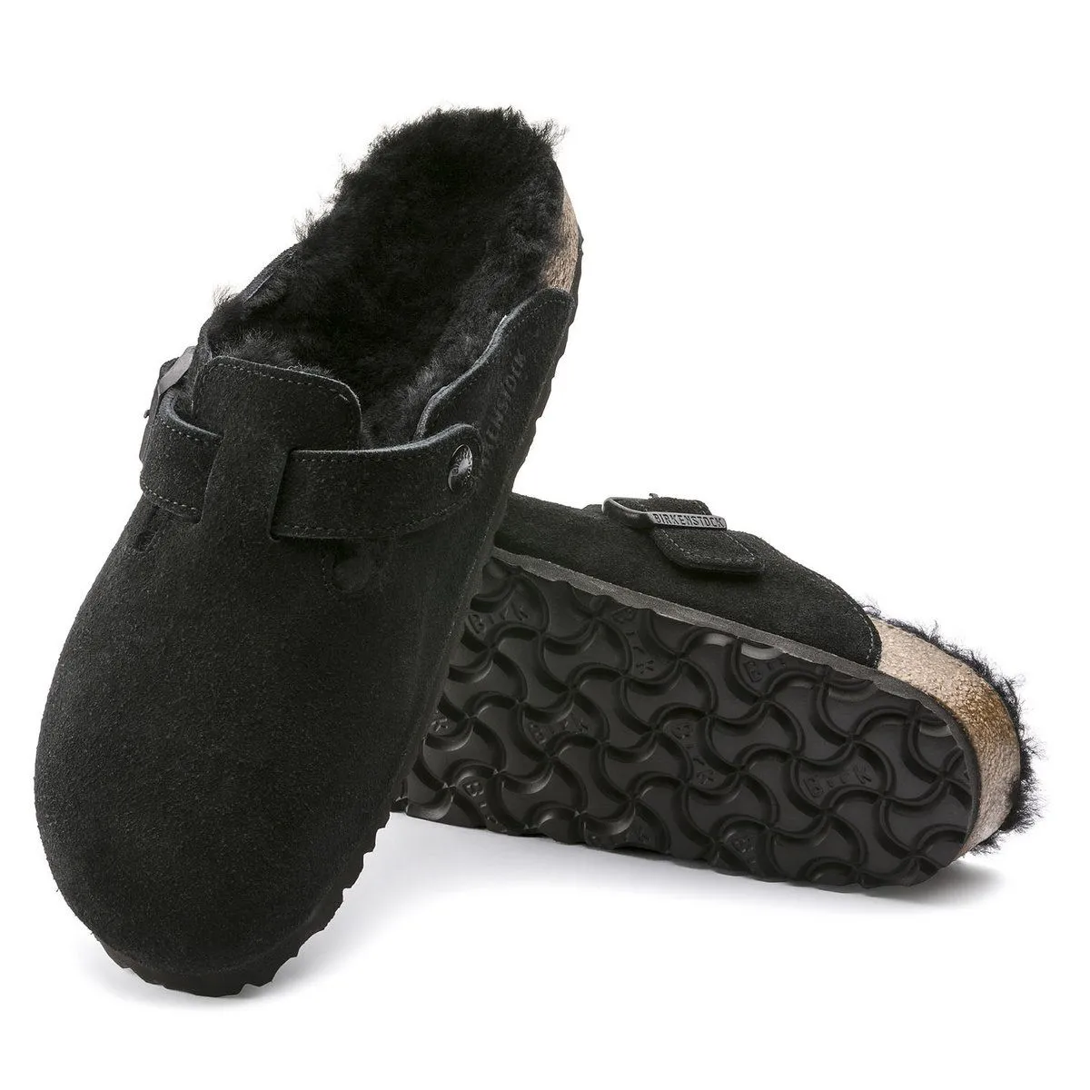 Birkenstock Boston Suede Leather Shearling Black Clogs