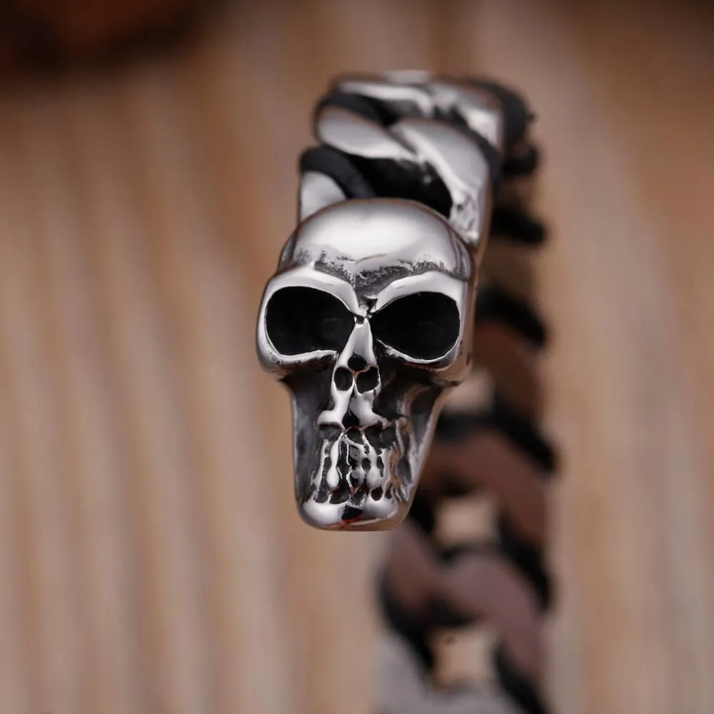 Black and Silver-Toned Stainless Steel Skull Bracelet for Men