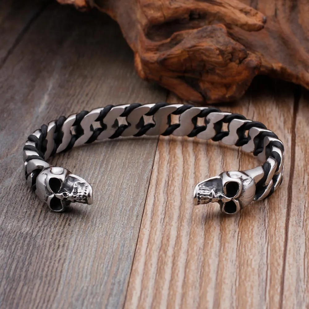 Black and Silver-Toned Stainless Steel Skull Bracelet for Men