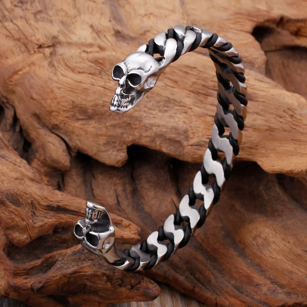 Black and Silver-Toned Stainless Steel Skull Bracelet for Men