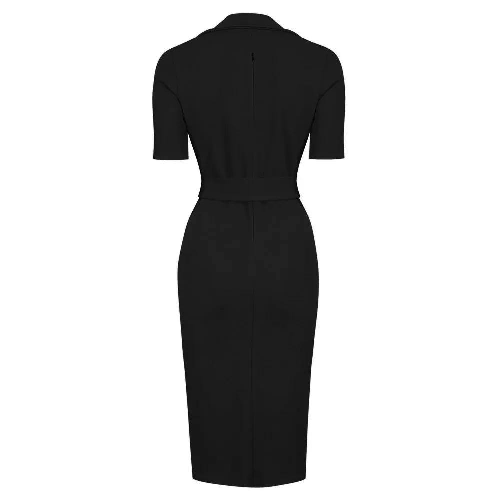 Black Belted Half Sleeve Collared Wiggle Office Dress