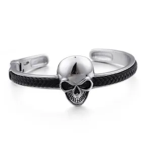 Black Braided Leather on Stainless Steel Skull