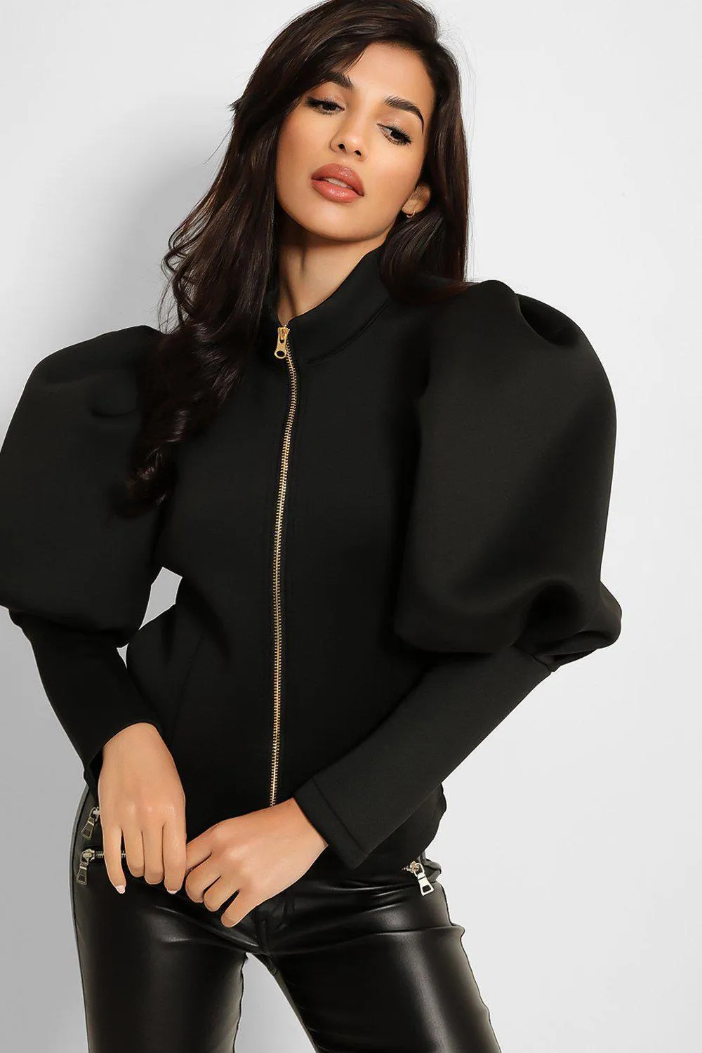 Black Scuba Puff Shoulder Zip Jacket